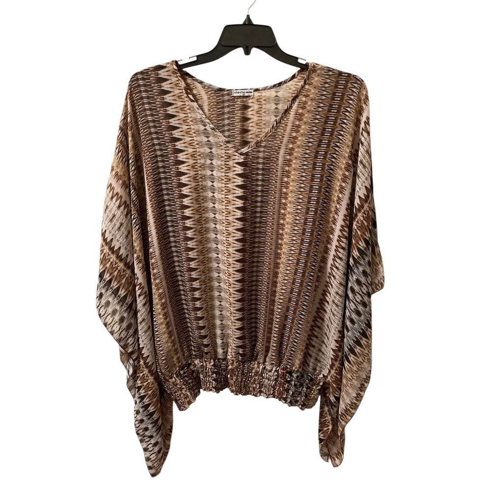 Cha Cha Vente Top 2X Brown Geometric Print Kimono Poncho Flowy Dramatic Resortโ